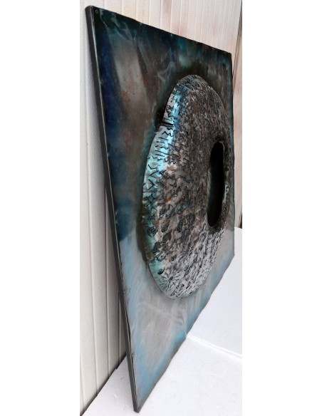 quadro dipinto in metallo a rilievo inciso cm 100x100 astratto azzurro