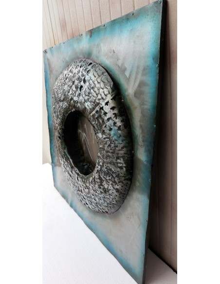 quadro dipinto in metallo a rilievo inciso cm 100x100 astratto azzurro