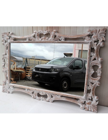 Specchio barocco in legno intarsiato cm 120x80 bianco decapato mod. Hollywood