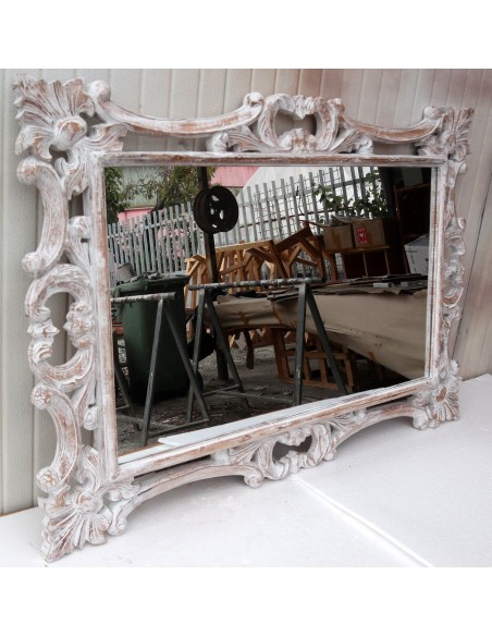 Specchio barocco in legno intarsiato cm 120x80 bianco decapato mod. Hollywood