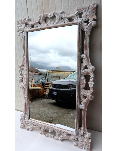 Specchio barocco in legno intarsiato cm 120x80 bianco decapato mod. Hollywood