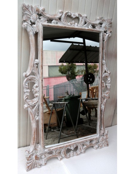 Specchio barocco in legno intarsiato cm 120x80 bianco decapato mod. Hollywood