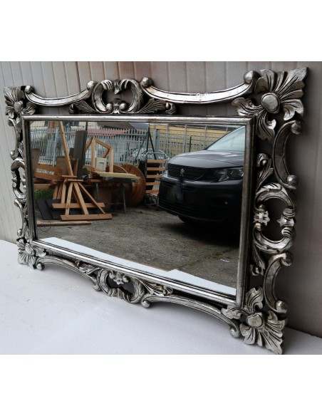 Specchio barocco in legno intarsiato cm 120x80 argento anticato mod. Hollywood