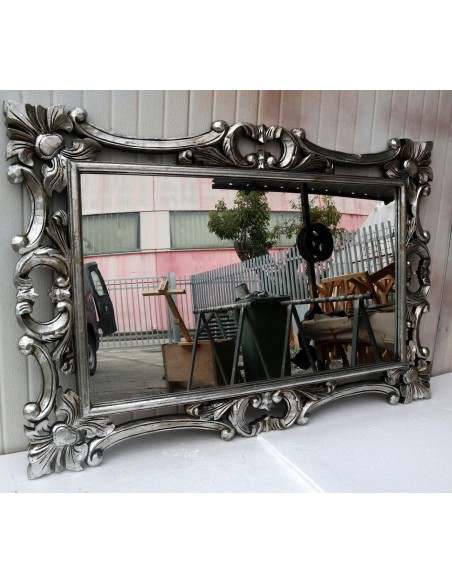 Specchio barocco in legno intarsiato cm 120x80 argento anticato mod. Hollywood