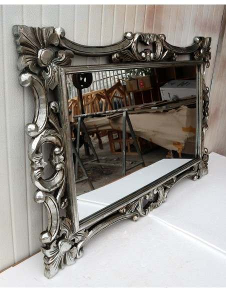 Specchio barocco in legno intarsiato cm 120x80 argento anticato mod. Hollywood