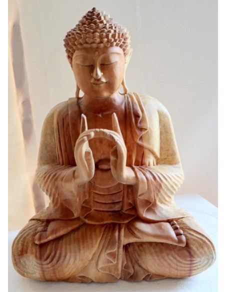 Buddha scultura il legno massello noce indiano o suar cm 39x20x50h mani unite color legno naturale statua
