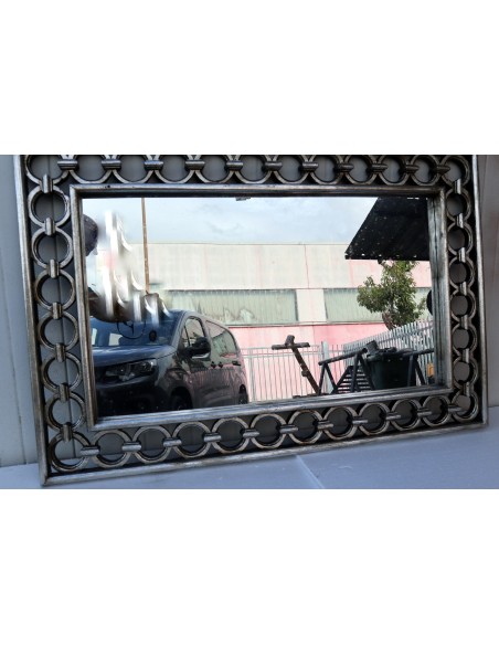 Specchio in legno intarsiato con cerchi cm 120x80 argento anticato mod. Eiffel