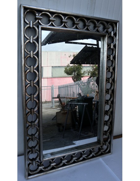 Specchio in legno intarsiato con cerchi cm 120x80 argento anticato mod. Eiffel