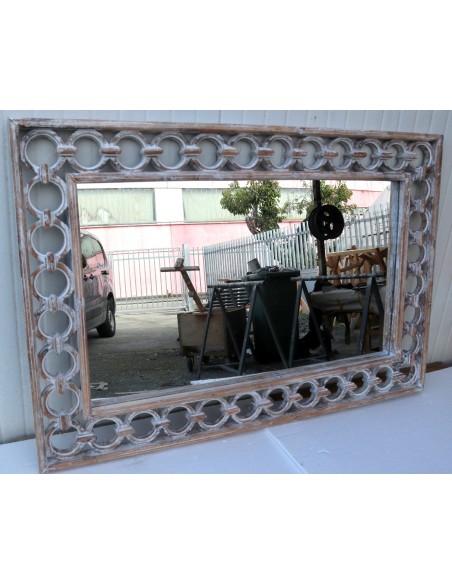 Specchio in legno intarsiato con cerchi cm 120x80 bianco decapato mod. Eiffel