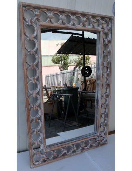 Specchio in legno intarsiato con cerchi cm 120x80 bianco decapato mod. Eiffel