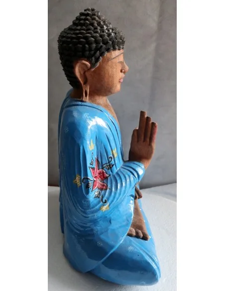 Buddha scultura il legno massello noce indiano o suar cm 37x20x50h Blu e bianco