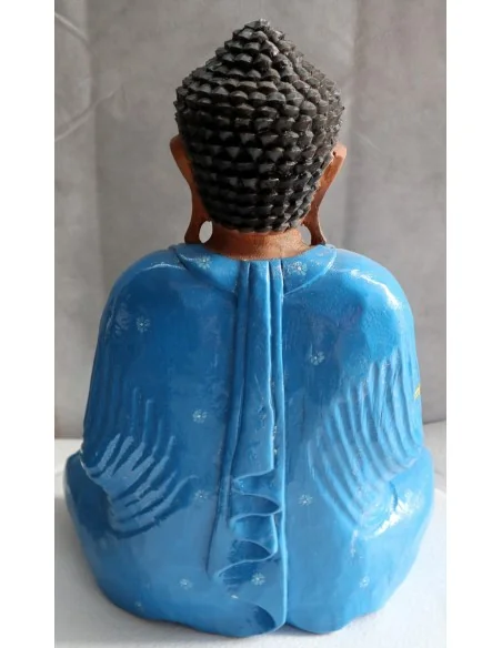 Buddha scultura il legno massello noce indiano o suar cm 37x20x50h Blu e bianco