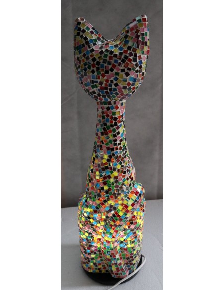 Lampada abatjour gatto cm 60 in resina e mosaico di vetro multicolor gattino da tavolo
