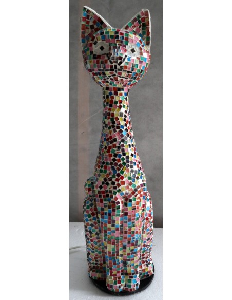 Lampada abatjour gatto cm 60 in resina e mosaico di vetro multicolor gattino da tavolo