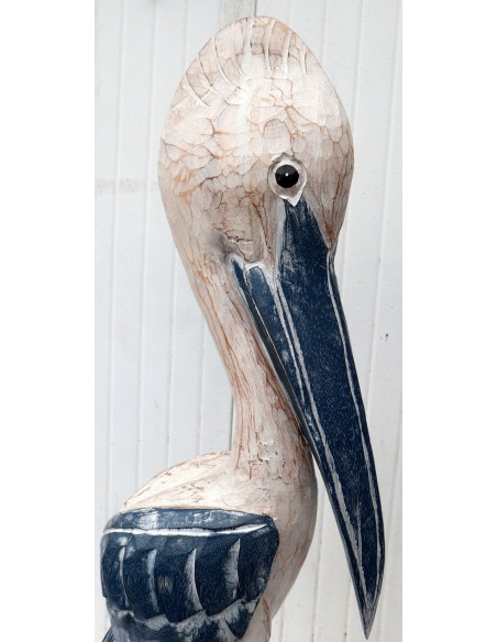 Scultura di un Pellicano in legno da cm 30x32x120h bianco e blu decapato mare dipinto