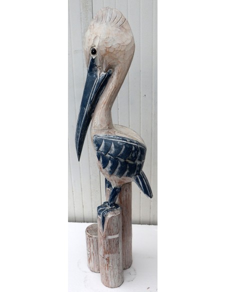 Scultura di un Pellicano in legno da cm 30x32x120h bianco e blu decapato mare dipinto