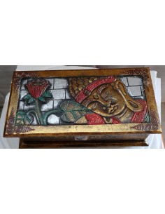 Baule cassapanca in legno di Albesia con volto di Buddha...