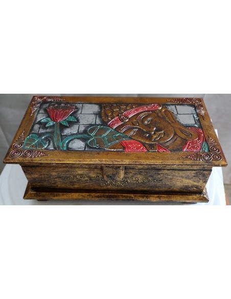 Baule cassapanca in legno di Albesia con volto di Buddha color argento sfondo oro cm 40x25x20 new