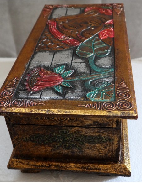 Baule cassapanca in legno di Albesia con volto di Buddha color argento sfondo oro cm 40x25x20 new