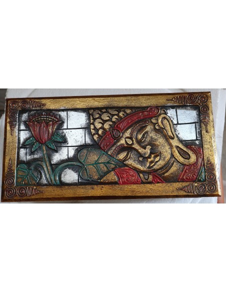 Baule cassapanca in legno di Albesia con volto di Buddha color argento sfondo oro cm 40x25x20 new