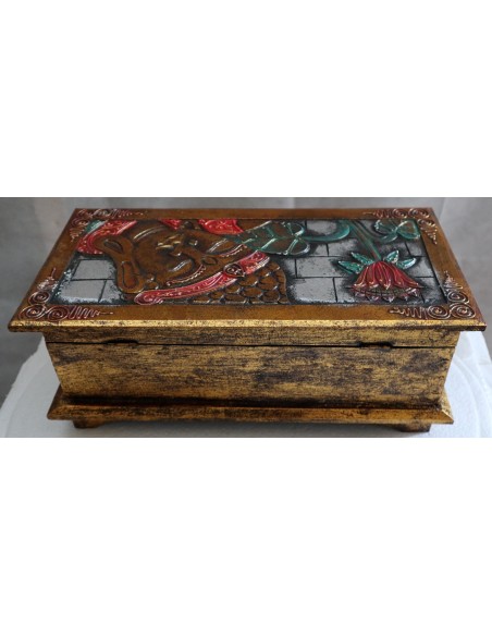 Baule cassapanca in legno di Albesia con volto di Buddha color argento sfondo oro cm 40x25x20 new