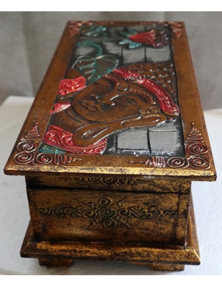Baule cassapanca in legno di Albesia con volto di Buddha color argento sfondo oro cm 40x25x20 new