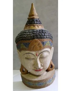 Testa di Buddha in legno decorata e dipinta a mano cm 50h