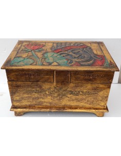 Baule cassapanca in legno di albesia con volto di Buddha...