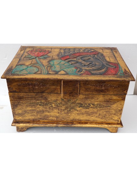 Baule cassapanca in legno di albesia con volto di Buddha color oro cm 60x40x35