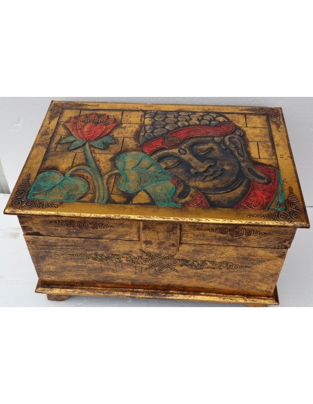 Baule cassapanca in legno di albesia con volto di Buddha color oro cm 60x40x35