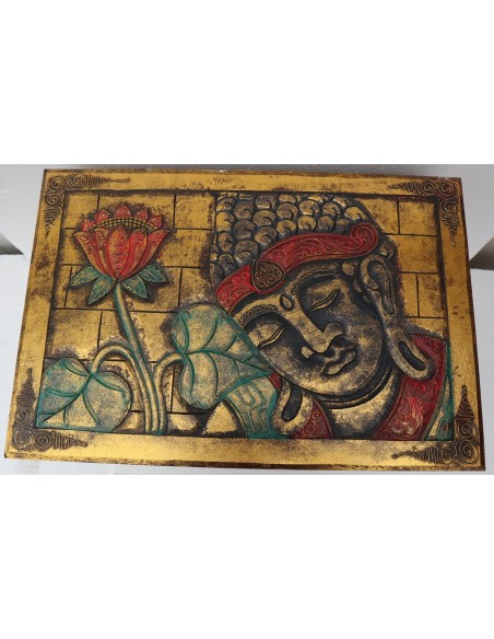 Baule cassapanca in legno di albesia con volto di Buddha color oro cm 60x40x35