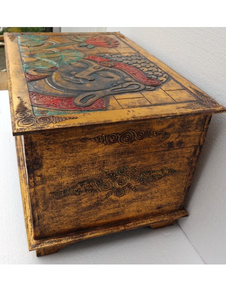 Baule cassapanca in legno di albesia con volto di Buddha color oro cm 60x40x35