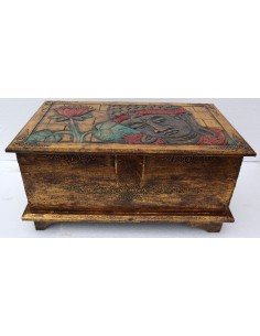 Baule cassapanca in legno di albesia con volto di Buddha...