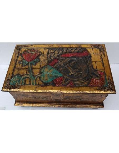 Baule cassapanca in legno di albesia con volto di Buddha color oro cm 50x30x25