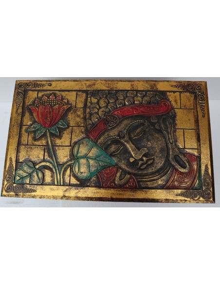 Baule cassapanca in legno di albesia con volto di Buddha color oro cm 50x30x25