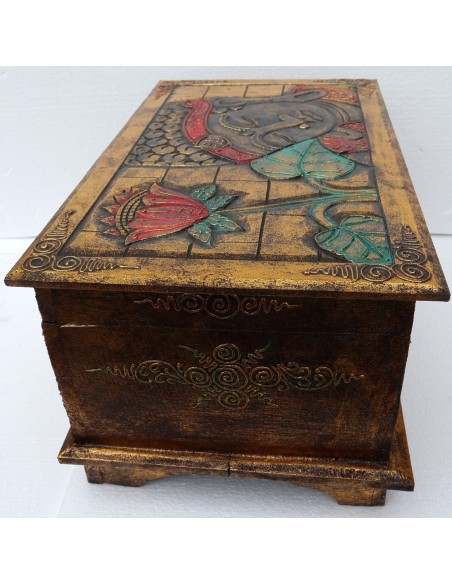 Baule cassapanca in legno di albesia con volto di Buddha color oro cm 50x30x25