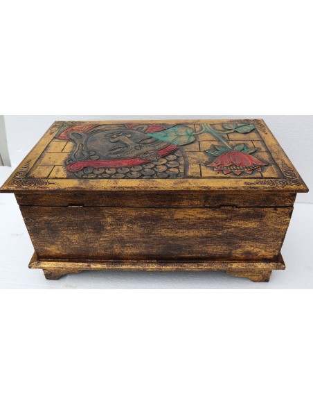 Baule cassapanca in legno di albesia con volto di Buddha color oro cm 50x30x25