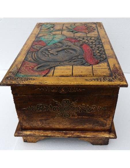 Baule cassapanca in legno di albesia con volto di Buddha color oro cm 50x30x25