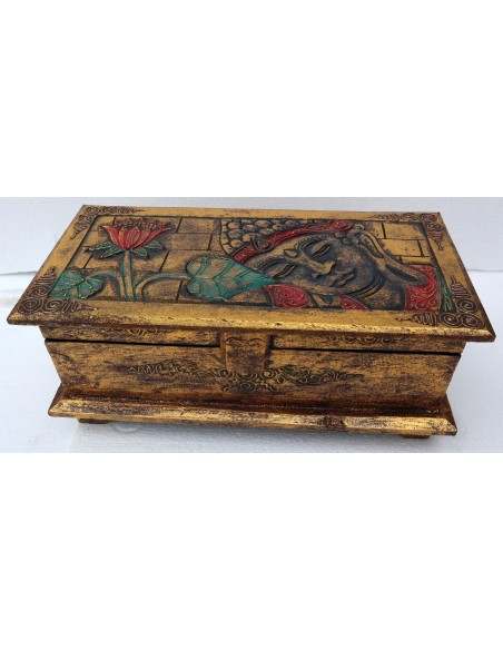 Baule cassapanca in legno di Albesia con volto di Buddha color o oro cm 40x25x20