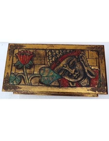 Baule cassapanca in legno di Albesia con volto di Buddha color o oro cm 40x25x20
