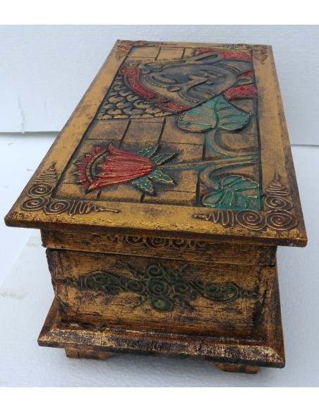 Baule cassapanca in legno di Albesia con volto di Buddha color o oro cm 40x25x20