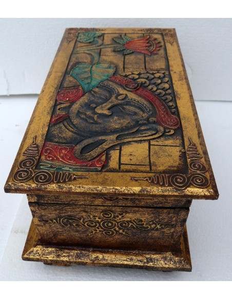Baule cassapanca in legno di Albesia con volto di Buddha color o oro cm 40x25x20