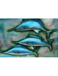 Quadro dipinto in metallo a rilievo con Marlin pesci cm... 2
