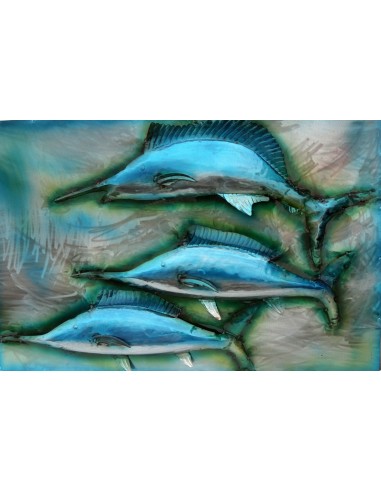 Quadro dipinto in metallo a rilievo con Marlin...