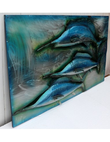 Quadro dipinto in metallo a rilievo con Marlin...