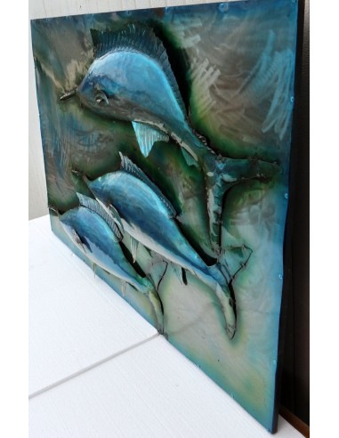 Quadro dipinto in metallo a rilievo con Marlin...