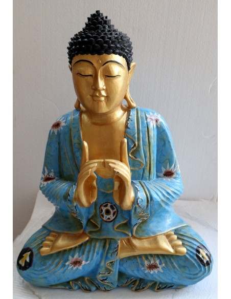 Buddha scultura il legno massello noce indiano o suar cm 40x20x52h Blu e oro