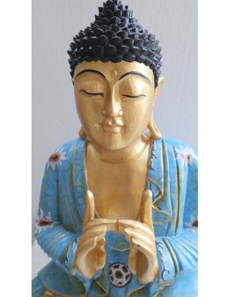 Buddha scultura il legno massello noce indiano o suar cm 40x20x52h Blu e oro