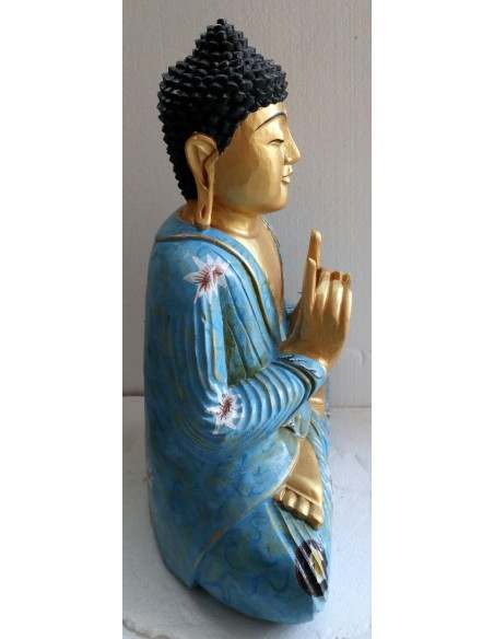 Buddha scultura il legno massello noce indiano o suar cm 40x20x52h Blu e oro