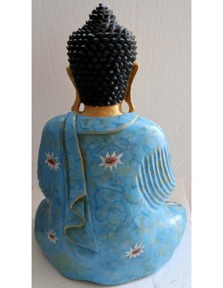 Buddha scultura il legno massello noce indiano o suar cm 40x20x52h Blu e oro